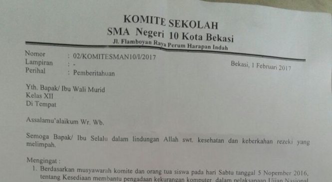 Beredar Surat Kelengkapan UNBK, Orang Tua Siswa SMAN 10 Protes